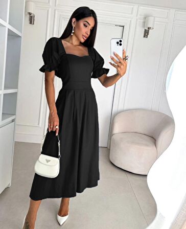 Buyers Butik Kadın Kısa Kollu Kare Yaka Midi Boy Trikoton Kumaş Elbise