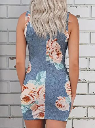 Buyers Butik Kadın Gül Desen Pencere Detay Mini Dalgıç Elbise