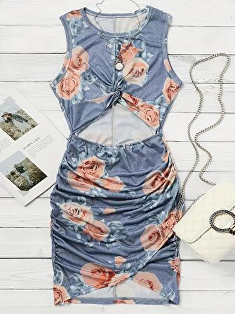 Buyers Butik Kadın Gül Desen Pencere Detay Mini Dalgıç Elbise