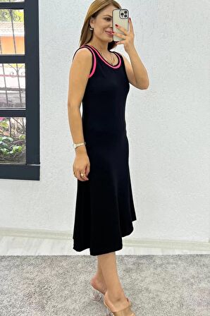 Buyers Butik Kadın Viskon Kumaş Biyeli Sıfır Kol Midi Boy Elbise