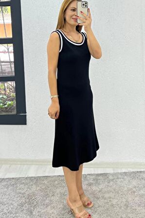 Buyers Butik Kadın Viskon Kumaş Biyeli Sıfır Kol Midi Boy Elbise
