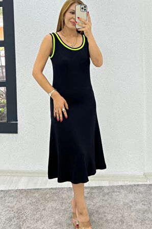 Buyers Butik Kadın Viskon Kumaş Biyeli Sıfır Kol Midi Boy Elbise