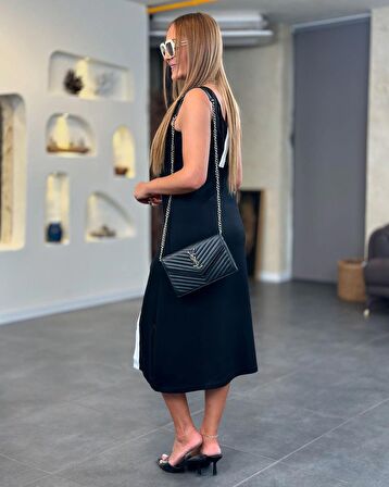 Buyers Butik Kadın Kalın Askılı çapraz Ribana Detaylı Midi Boy Elbise
