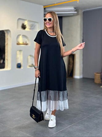 Buyers Butik Kadın Modal Kumaş Ribana Yaka Tül Detaylı Maxi Boy Elbise
