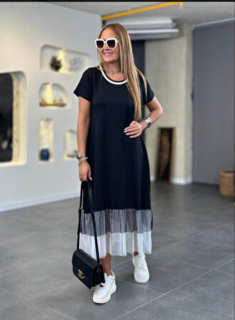 Buyers Butik Kadın Modal Kumaş Ribana Yaka Tül Detaylı Maxi Boy Elbise