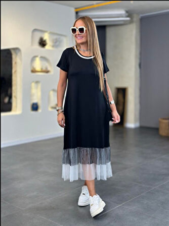 Buyers Butik Kadın Modal Kumaş Ribana Yaka Tül Detaylı Maxi Boy Elbise
