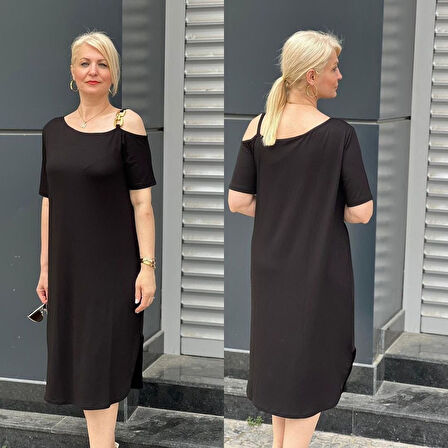 Buyers Butik Kadın Viskon Kumaş Omuzda Toka Detaylı Kısa Kollu Elbise