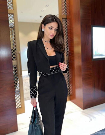 Buyers Butik Kadın Uzun Kollu Asimetrik Kesim Taş Detay Ceket Ve Yüksek Bel Pantolon Ikili Takım