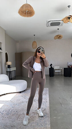 Buyers Butik Kadın Uzun Kol Fermuar Detay Ceket Ve Yüksek Bel Toparlayıcı Tayt Ikili Takım