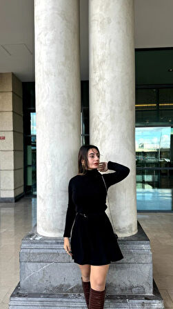 Buyers Butik Kadın Uzun Kollu Balıkçı Yaka Salaş Kusa Akrilik Elbise