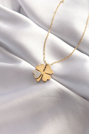 Buyers Butik 316L Çelik Taşlı Gold Renk Yonca Tasarımlı Kolye