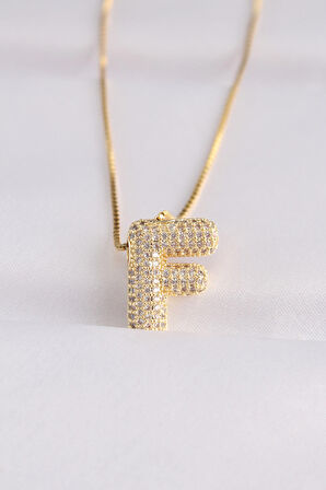 Buyers Butik 316L Çelik Zincirli Zirkon Taşlı F Harfli Gold Renk Bubble Kolye