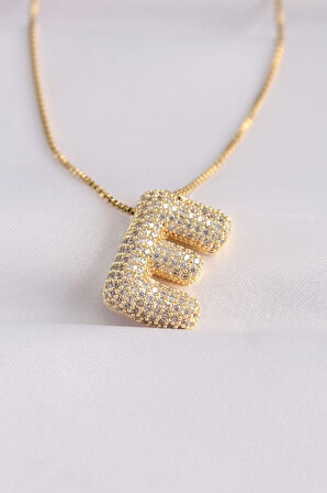 Buyers Butik 316L Çelik Zincirli Zirkon Taşlı E Harfli Gold Renk Bubble Kolye