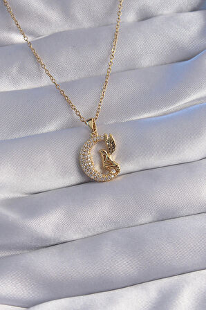 Buyers Butik 316L Çelik Zincir Gold Renk Kuş Figürlü Zirkon Taşlı Ay Tasarımlı Kolye