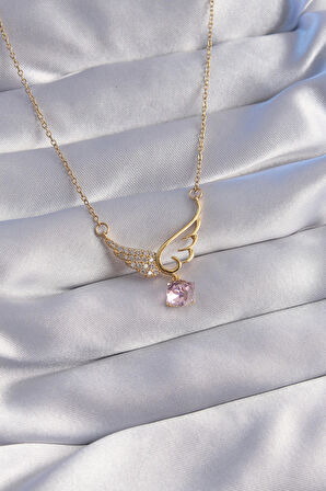 Buyers Butik 316L Çelik Zincir Gold Renk Pembe Zirkon Taşlı Melek Kanatlı Kolye