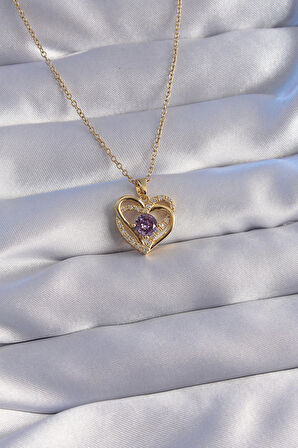 Buyers Butik 316L Çelik Zincir Gold Renk Mor Zirkon Taşlı Kalp Kolye