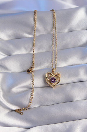 Buyers Butik 316L Çelik Zincir Gold Renk Mor Zirkon Taşlı Kalp Kolye