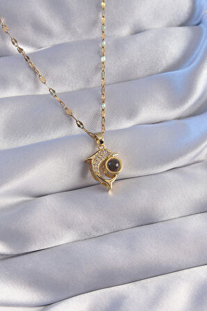 Buyers Butik 316L Çelik Zincir Gold Renk Zirkon Taşlı Yunus Balığı Figürlü Projeksiyon Kolye