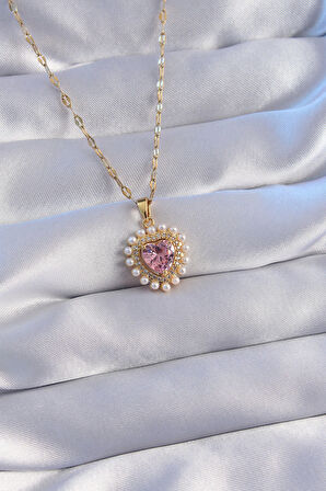 Buyers Butik 316L Çelik Zincir Gold Renk İncili Pembe Zirkon Taşlı Kalp Kolye