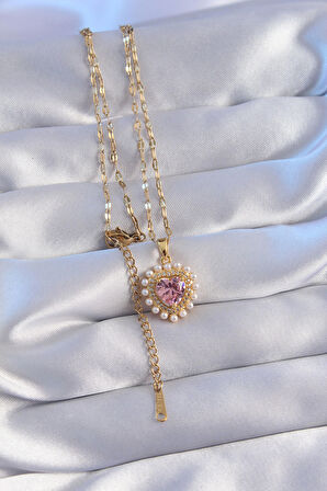 Buyers Butik 316L Çelik Zincir Gold Renk İncili Pembe Zirkon Taşlı Kalp Kolye