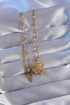 Buyers Butik 316L Çelik Zincir Gold Renk Zirkon Taşlı 2li Görünümlü Yonca Kolye