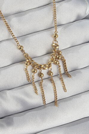 Buyers Butik 316L Çelik Zincir Gold Renk Topçuk Detay Sallantılı Zincir Kolye