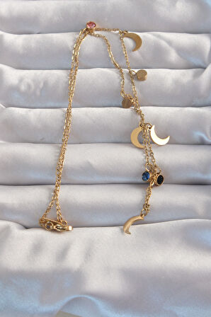 Buyers Butik 316L Çelik Gold Renk Ay Model Renkli Zirkon Taşlı Kolye