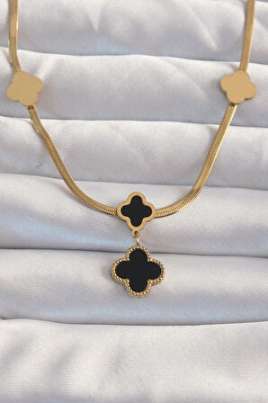 Buyers Butik 316L Çelik Gold Renk İtalyan Zincirli Mineli Yonca Kolye
