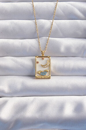 Buyers Butik 316L Çelik Zincir Gold Renk Ay Detay Mavi Zirkon Taşlı Tarot Kolye