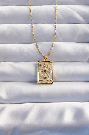 Buyers Butik 316L Çelik Zincir Gold Renk Pembe Zirkon Taşlı Tarot Kolye