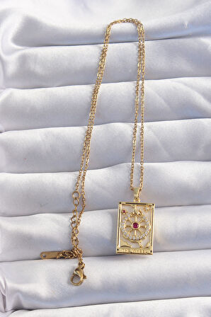 Buyers Butik 316L Çelik Zincir Gold Renk Pembe Zirkon Taşlı Tarot Kolye