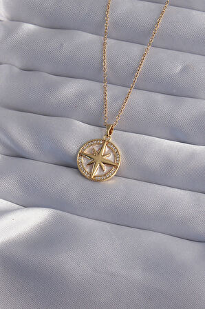 Buyers Butik 316L Çelik Zincir Gold Renk Zirkon Taşlı Kutup Yıldızı Kolye