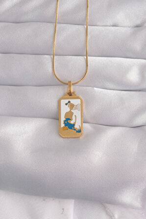 Buyers Butik 316L Çelik Gold Renk Beyaz Mineli Kız Figür Tarot Kolye
