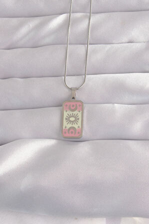 Buyers Butik 316L Çelik Gümüş Renk Pembe Mineli Ay Figür Tarot Kolye