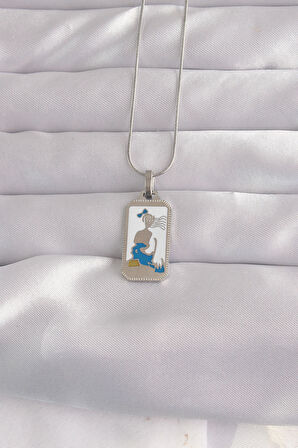 Buyers Butik 316L Çelik Gümüş Renk Beyaz Mineli Kız Figür Tarot Kolye