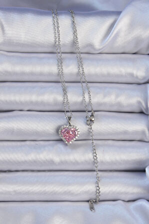 Buyers Butik 316L Çelik Zincir Gümüş Renk Pembe Zirkon Taşlı Kalp Kolye