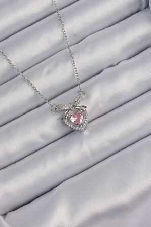 Buyers Butik 316L Çelik Zincir Gümüş Renk Pembe Zirkon Taşlı Fiyonklu Kalp Kolye