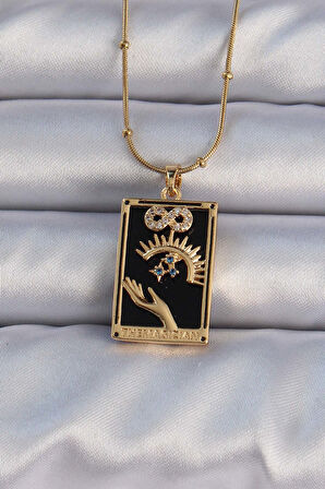 Buyers Butik 316L Çelik Gold Renk Zirkon Taşlı Siyah Mineli El Figürlü Tarot Kolye