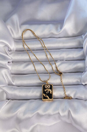 Buyers Butik 316L Çelik Gold Renk Zirkon Taşlı Siyah Mineli El Figürlü Tarot Kolye