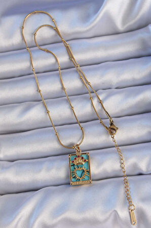 Buyers Butik 316L Çelik Gold Renk Mermer Desenli Renkli Zirkon Taşlı Kalp Figürlü Tarot Kolye