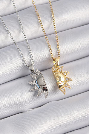 Buyers Butik 316L Çelik Gold Gümüş Renk Zirkon Taşlı Güneş Model İşleme Yazı Detay Arkadaşlık Kolyesi