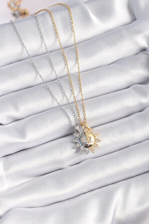 Buyers Butik 316L Çelik Gold Gümüş Renk Zirkon Taşlı Güneş Model İşleme Yazı Detay Arkadaşlık Kolyesi