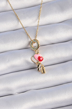 Buyers Butik 316L Çelik Gold Renk Renkli Kalp Figür Charm Model Kadın Kolye