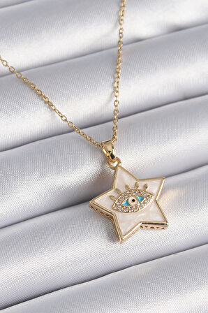 Buyers Butik 316L Çelik Gold Renk Zincir Beyaz Sedefli Yıldız Model Göz İşleme Zirkon Taş Detay Kadın Kolye