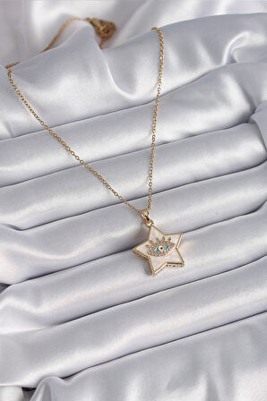 Buyers Butik 316L Çelik Gold Renk Zincir Beyaz Sedefli Yıldız Model Göz İşleme Zirkon Taş Detay Kadın Kolye