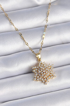 Buyers Butik 316L Çelik Zincir Gold Renk Zirkon Taşlı Kar Tanesi Model Kadın Kolye