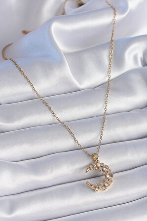 Buyers Butik 316L Çelik Zincir Gold Renk Zirkon Taşlı Hilal Model Kadın Kolye