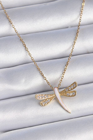 Buyers Butik 316L Çelik Zincir Gold Renk Zirkon Taşlı Pembe Sedefli Yusufçuk Model Kadın Kolye