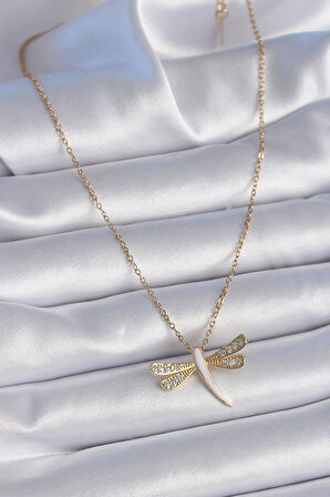 Buyers Butik 316L Çelik Zincir Gold Renk Zirkon Taşlı Pembe Sedefli Yusufçuk Model Kadın Kolye