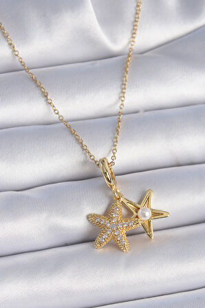 Buyers Butik 316L Çelik Zincir Gold Renk Zirkon Taşlı Açılır Deniz Yıldızı Model İnci Detay Kadın Kolye